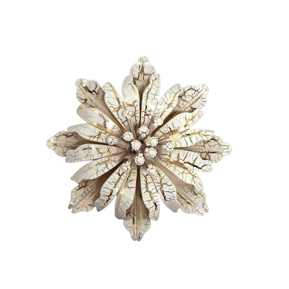 Vintage Poinsettia Flower Brooch Pin Crackle Finish Gold Cream